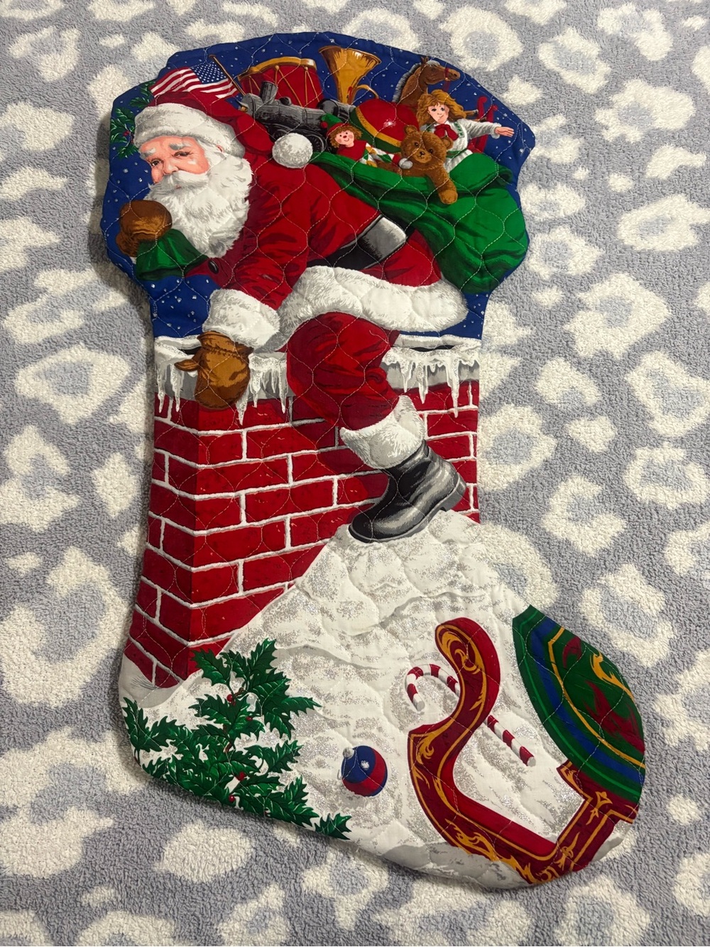 Vintage Cranston Down The Chimney Quilted Jumbo Christmas Stocking Decor